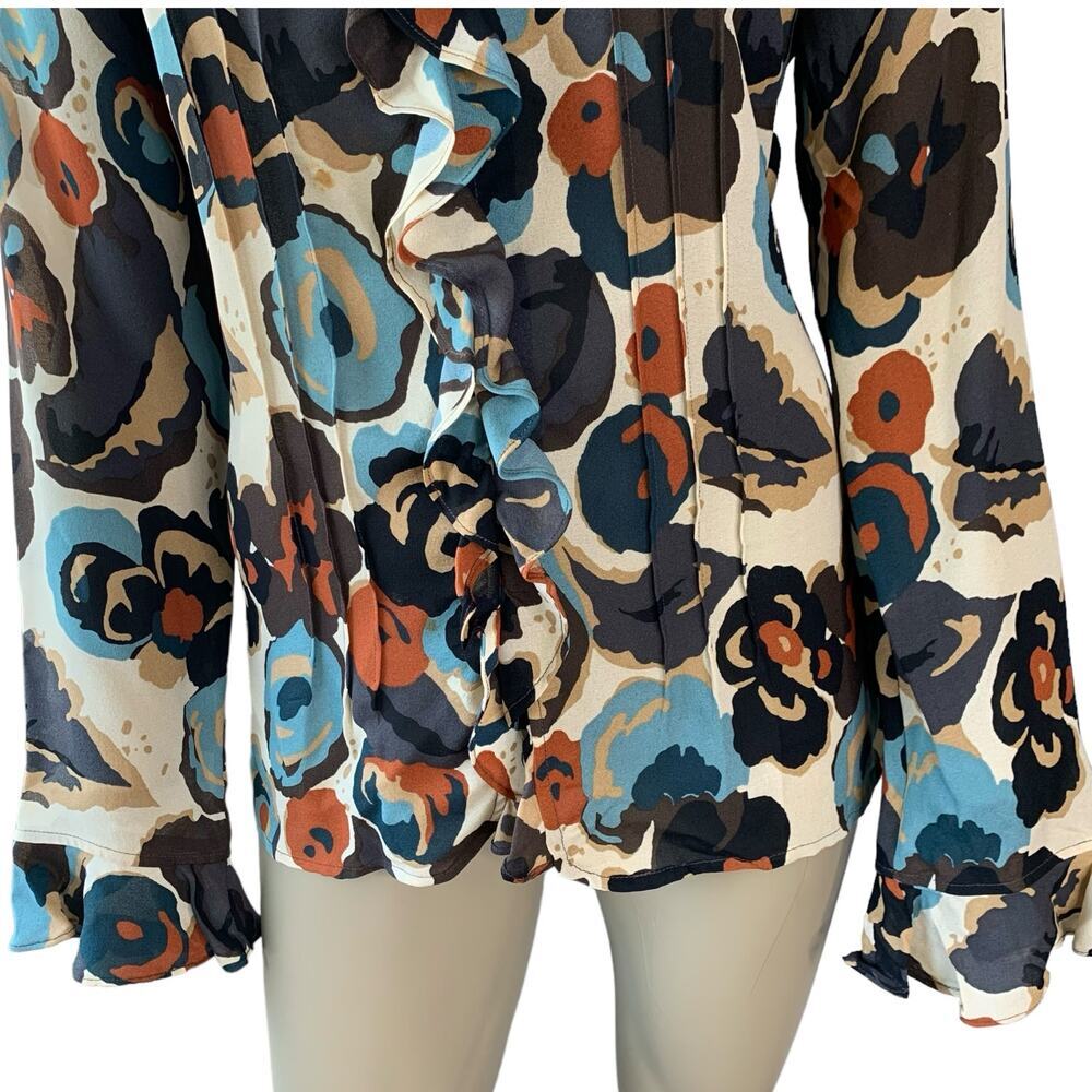 i.e. 100% Silk Floral Ruffled Long Sleeve Chiffon Tops Blouse Size L Multicolor - Picture 5 of 16